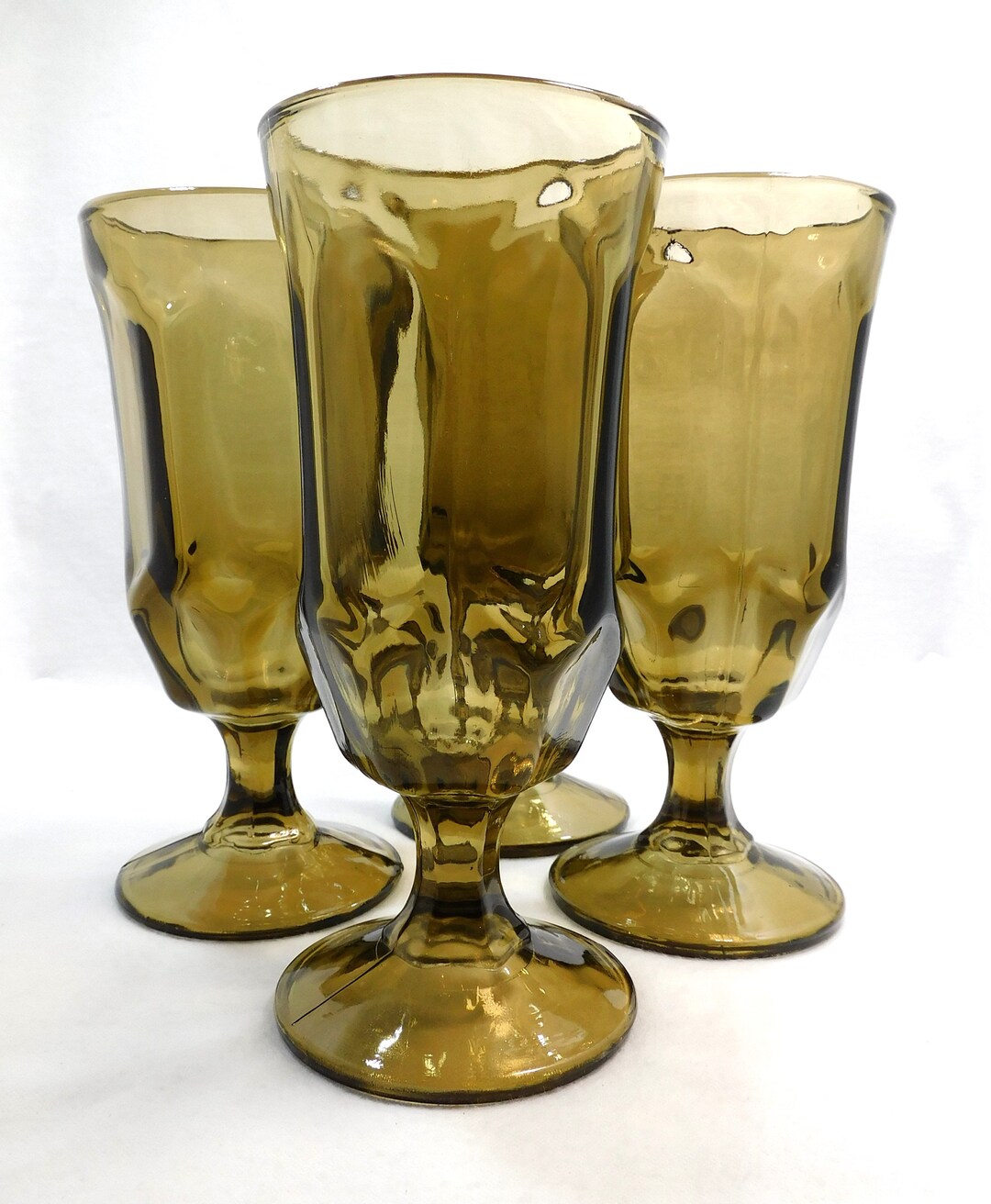 MCM Duz Glass Set 4 Water Goblets Brown Glass Paneled Sides 6.5 Tall 8