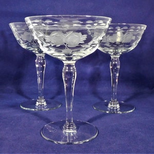 Vintage Set 3 McBride Champagne Tall Sherbet Goblets MCB1 Clear Crystal Cut Etched Floral Design Elegant Glass 5.5&quot; Tall 1920s Glassware