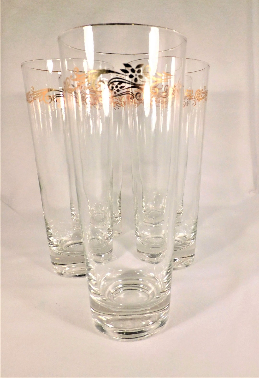 MCM Set 5 Tall Iced Tea Glasses Tapered Gold Flower Band Etsy