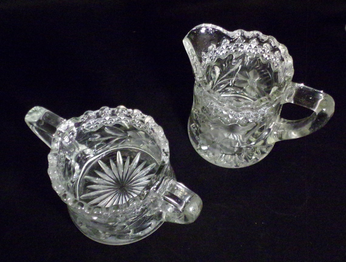 Pattern Glass Creamer & Sugar Set Heavy Pressed Glass Etched Etsy