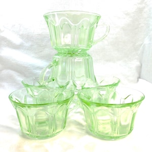 Vintage Hocking 6 Green Depression Tea Cups: Colonial Knife & Fork Pattern UV Glow