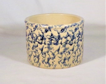 Robinson Ransbottom Roseville Crock Blue Sponged Exterior Plain Interior Blue & White Spongeware 3" Tall 1 Pint Size Vintage 80s Pottery