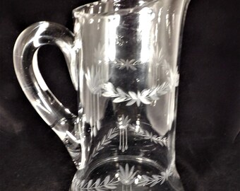Vintage Etched Glass Tankard Pitcher: Floral Garland Cut Design, 48 Oz