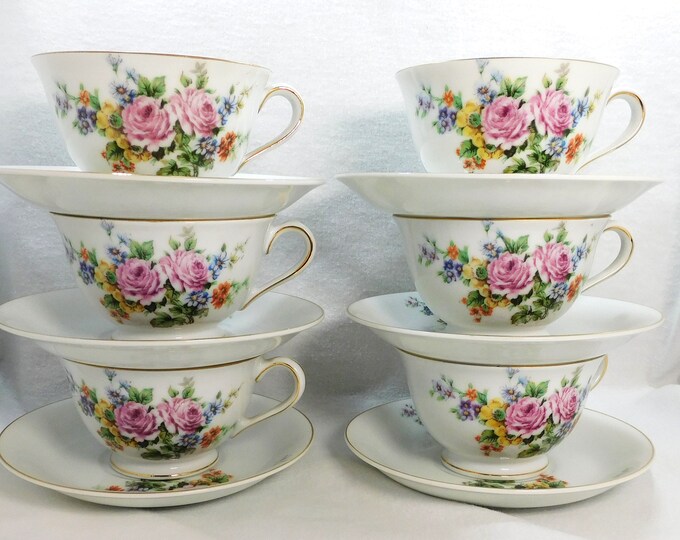 Set 6 Cups & Saucers Pink Roses with Small Flowers Gold Trim Gold China Made in Japan Vintage Tea Party Tableware