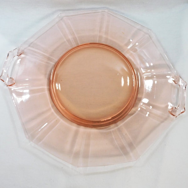 Pink Depression Glass Handled Cake Sandwich Tray 10 Sided Paneled 10.25" Across Vintage 1930s Party Holiday Wedding Dinnerware