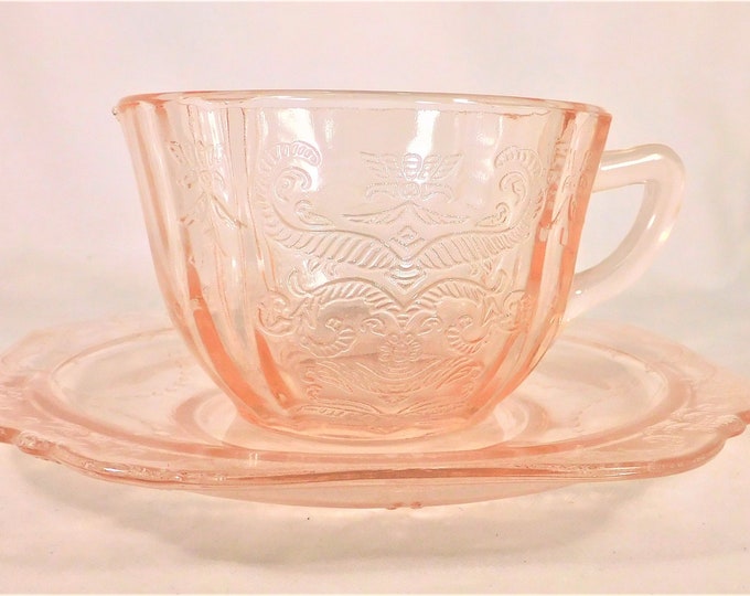 Federal Glass Cup & Saucer Set Pink Glass Madrid Pattern Reproduction