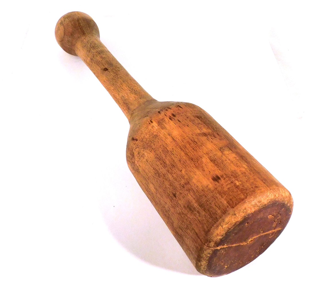 Vintage Wooden Potato Masher Solid Age Cracked Base 10 Tall Utensil