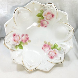 Antique Bowl Porcelain Flower Shaped Petal Edges Pink Rose Designed Interior Gold Accents 10.75&quot; Across 3.25&quot; Tall Kitchen Holiday Decor