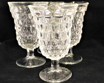 Indiana Set 4 Glasses Colony Whitehall Stacked Cube Pattern Clear Footed Tumbler Parfait 5.25" Tall Vintage 60-70s Dinnerware Tableware