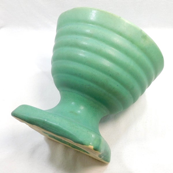 Brush USA 824 Signed Pottery Planter Vase Green Matte Finish Ribbed Sides Square Base 5.25' Tall Vintage Country Eclectic MCM Decor
