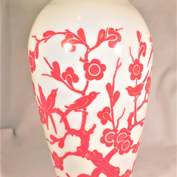 Vintage Anchor Hocking Vase White Milk Glass Red Flowers & Birds Scalloped Top Edge 9' Tall Eclectic MCM Decor