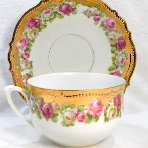Antique PK Silesia Porcelain Cup & Saucer Pink Roses Gold Encrusted Border Enamel Beaded Edge Cabinet Display