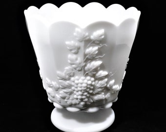 Westmoreland Marked Large jardiniere Vase White Milk Glass 12 Paneled Grape Pattern Very Heavy Scalloped Edge Footed 6.5" Tall Vintage