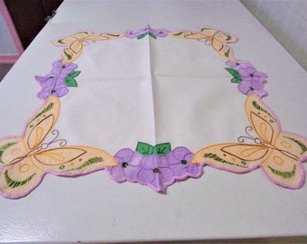Vintage Square Cloth 22" Doily Table Linen Hand Appliqued & Embroidered Peach Butterflies Purple Flowers Colorful Tableware