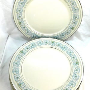Vintage Noritake Set 4 Dinner Plates Porcelain Monteleone Pattern Blue Scrolls Green Flowers Silver Trim 10.5&quot; Across Party Holiday Decor