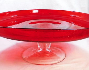 Artland Glass Cake Stand Red Controlled Bubble Top 1" Tall Rim Edge Clear Stem 12" Across 5.5" Tall Vintage Wedding Holiday Party Decor