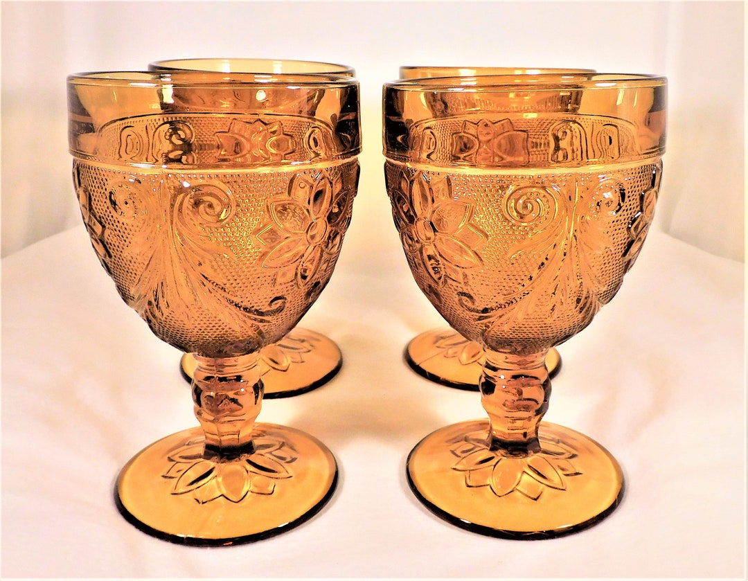 Tiara Set 4 Water Goblets Round Amber Glass Sandwich Pattern Etsy