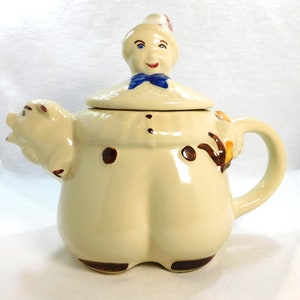MCM Shawnee Pottery Tom the Piper&#39;s Son Figural Teapot & Lid Cream Brown Pig Spout Vintage 1940s Tableware Kitchen Country Eclectic Decor