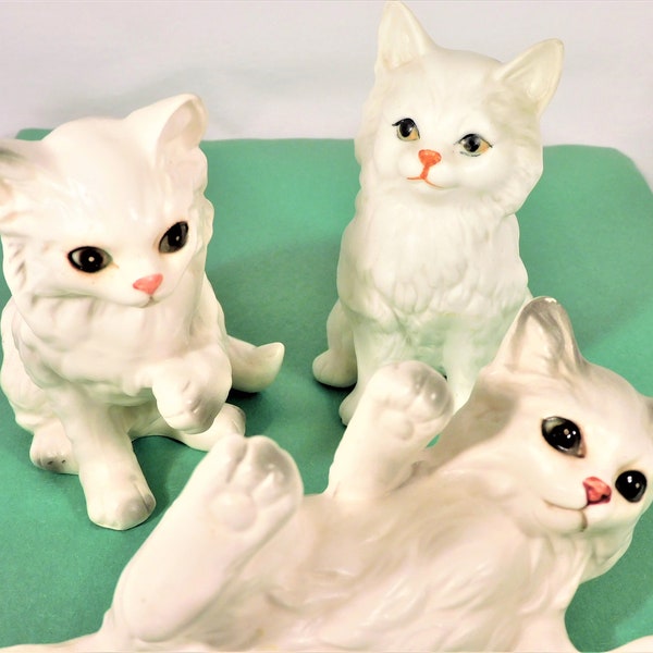 Trio White Cat Figurines Porcelain 2 Japan #1513 & 1 Taiwan Bone China Kitten Vintage Feline Collectibles 1 Ear Chip