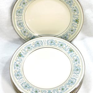 Vintage Noritake China Japan Set 5 Bread Dessert Plates Monteleone Pattern Blue Border Green Flowers Silver Trim 6.25&quot; Across Holiday Use