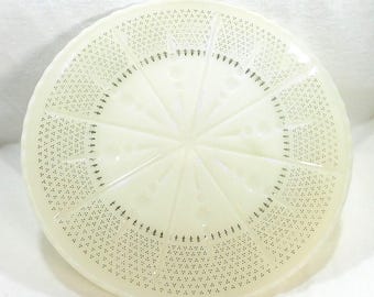 MCM Fire King Footed Cake Plate: Off White & Gold Fleur de Lis, 1950s Vintage
