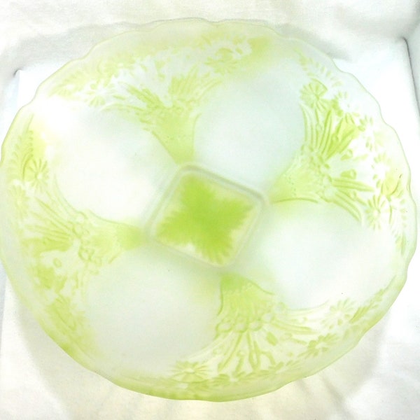 Depression Era Large Fruit Bowl Heavy White Satin Glass Green Daisy Bouquet Design Square Base 13" Across Party Wedding Use