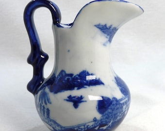 Cobalt Blue & White English Pottery 3.75" Tall Pitcher: Antique Pagoda Scene