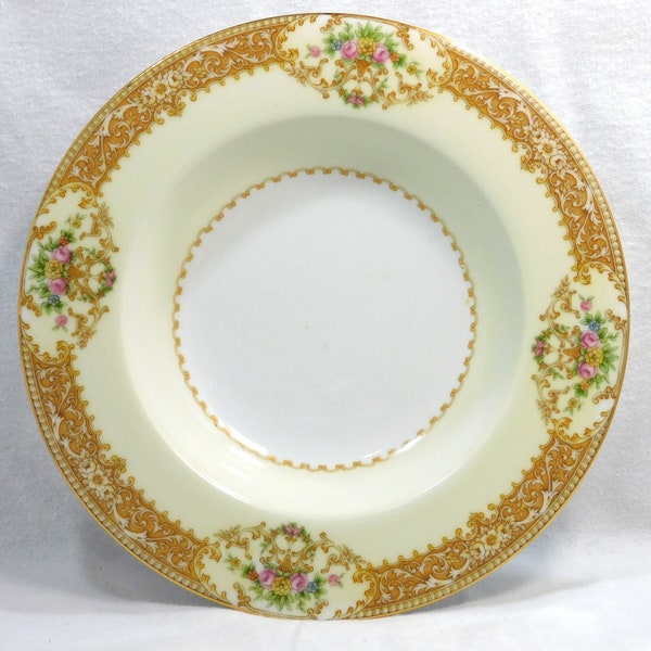 Occupied Japan Noritake Porcelain 8" Soup Bowl Rimmed Tan Scroll Edge 4 Pink Rose Medallion Around Border Pale Yellow Band Mix & Match China