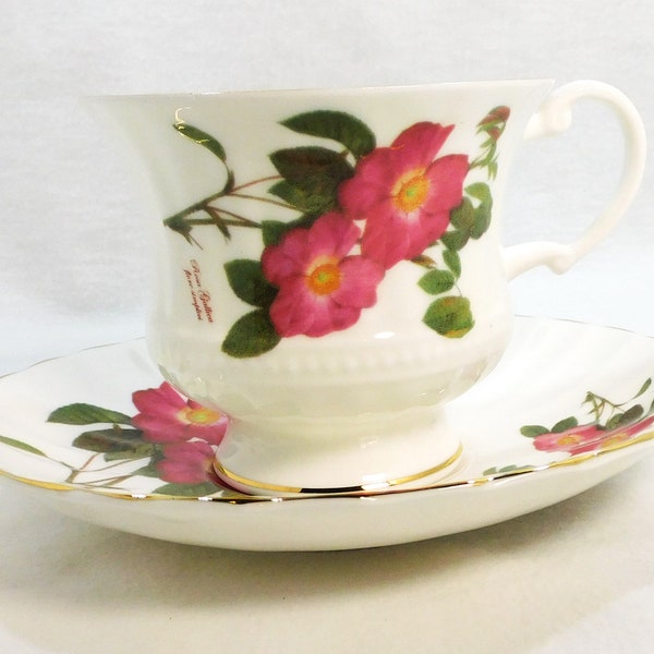 Vintage Staffordshire Royal Patrician Cup & Saucer Fine Bone China Rosa Gallica Pink Wild Rose Footed Cup Ribbed Edge Gold Trim Party Decor