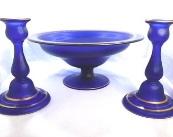 Art Deco Cobalt Blue Satin Glass Console Bowl & Candlestick Set: Gold Trim