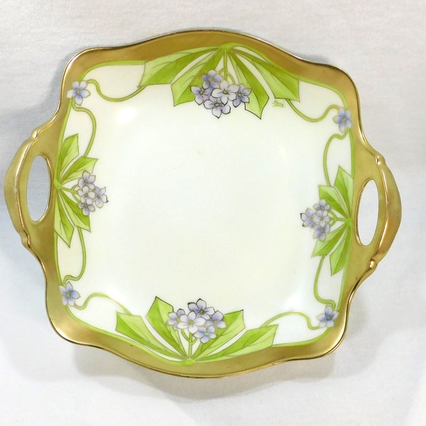 Hand Painted Square Shaped Bowl Porcelain Handled Stylized Purple Violets Signed Rene 8.25" Across Gold Trim Antique Tableware