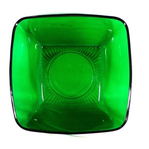 MCM Anchor Hocking Salad Bowl Forest Green Glass Charm Pattern Square Shape 7 3/8" Across Vintage Holiday Dinnerware Glassware