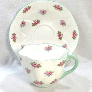 Vintage English Procelain Shelley Dainty Shape Cup & Saucer Rosebud 13426 Pattern Green Trim Fancy Handle Embossed Edge Tea Party Use