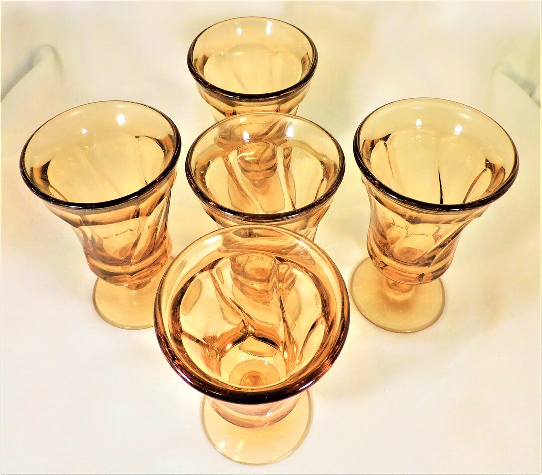 Fostoria Set 5 Juice Wine Goblets Amber Glass Jamestown Pattern 4.75 Tall Vintage Drinkware