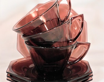 Hazel Atlas Moroccan Amethyst Glass 3 Cups & 4 Saucers Set - Vintage Dinnerware