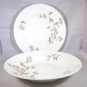 Antique 1882 CF Haviland Limoges 2 Soup Bowls Rimmed Porcelain China 9.5&quot; Across Schleiger 1311A Pattern Pink Flower Tableware Dinnerware