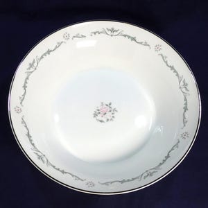 Vintage Signature Japan Porcelain Round 9&quot; Serving Bowl Petite Bouquet Pattern Pink Rose Gray Leaves & Scrolls Silver Trim Holiday Party Use