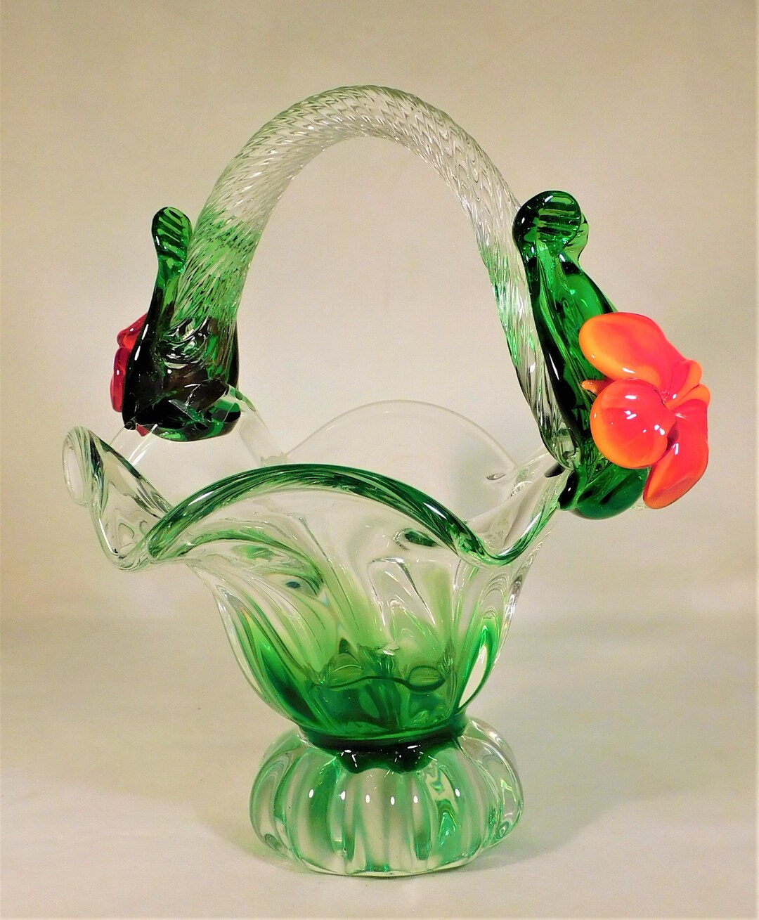 Art Glass Basket Vase 7 Tall Hand Made Orange Flowers Etsy