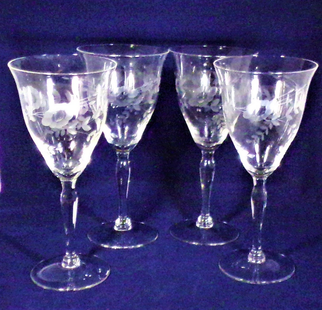 Vintage Set 4 Goblets Clear Crystal Hand Blown Glass Goblet Cut Etched