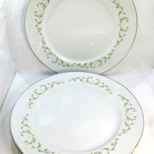 Sheffield Fine China Japan Porcelain Set of 4 Dinner Plates Elegance Pattern 10.25" Across Small Cream & Brown Flower Green Leaves Vintage