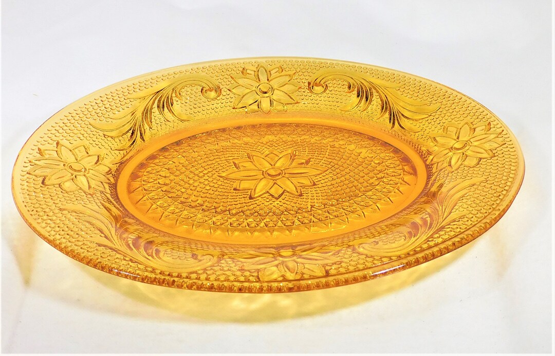 Tiara Small Oval Platter Tray Amber Glass Sandwich Pattern 8 3/8 Long X