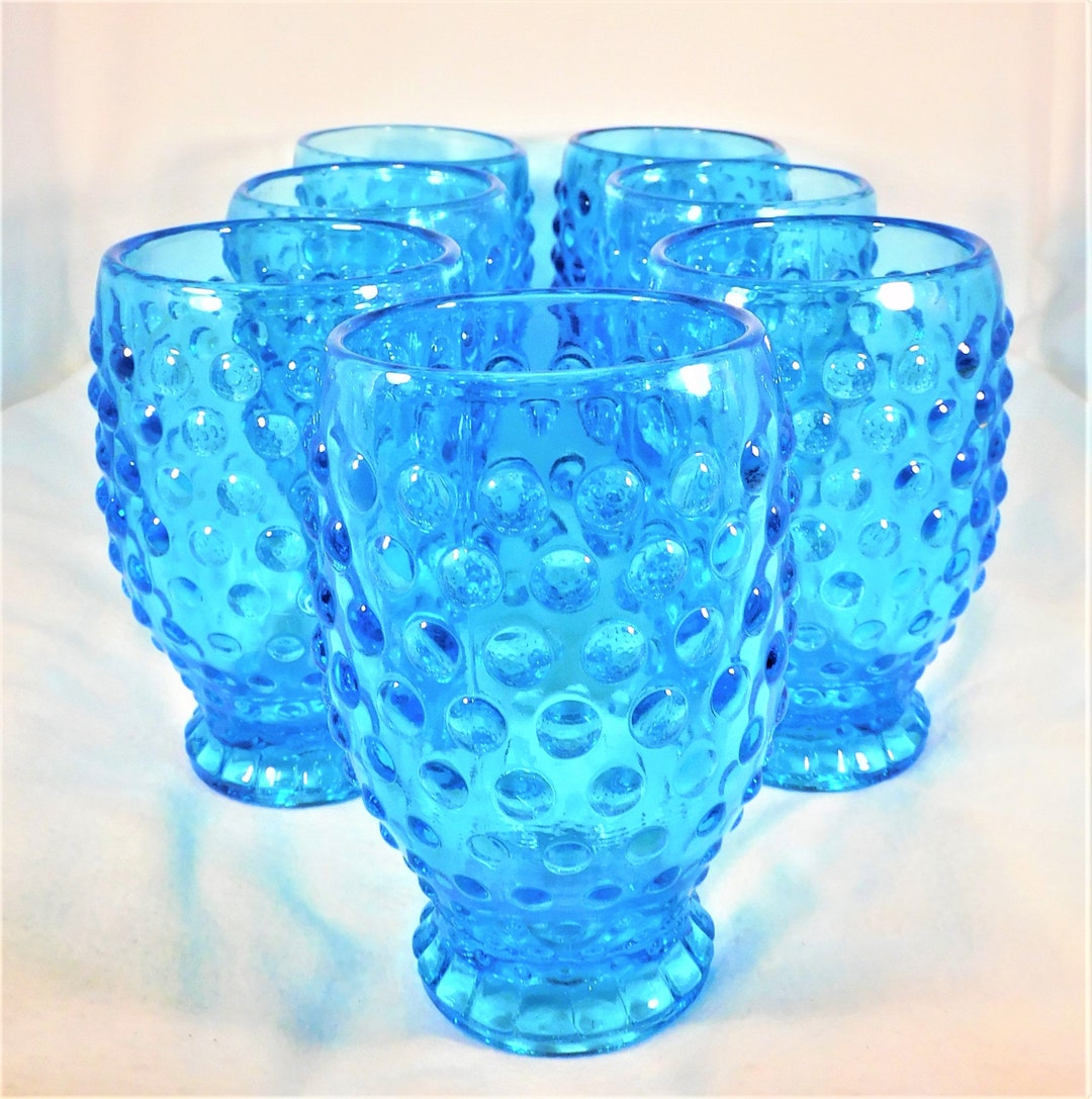 Tiara Glass Set 7 Tumblers Turquoise Blue Hobnail Pattern Heavy 5 Tall