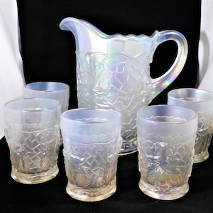 Vintage Mosser Glass Signed Terry Crider Water Set Pitcher & 5 Tumblers Heavy White Iridescent Carnival Glass Maple Leaf Sides Holiday Decor