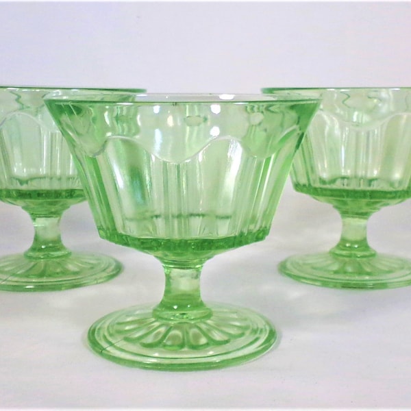 Anchor Hocking Set 3 Sherbets Champagnes Green Depression Glass Colonial Knife & Fork Pattern 3.5" Tall Vintage 30s Glassware Dinnerware