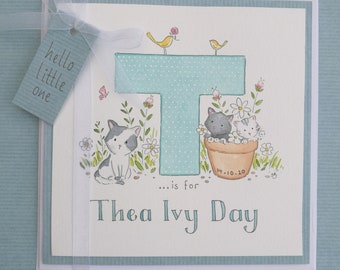 Children's letter illustration / bespoke card / watercolour / Personalised new baby card/ Hand painted / Made to order