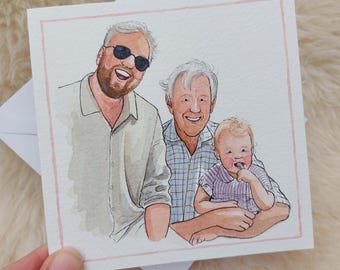 Retrato personalizado en acuarela / Pintado a mano / Obra de arte a medida / Tarjeta con retrato familiar / Tarjeta del Día del Padre