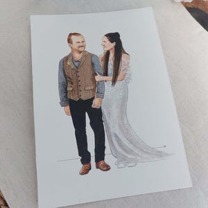 May include: A watercolor painting of a couple in wedding attire. The man is wearing a brown vest over a blue shirt and black pants. The woman is wearing a white dress with a lace bodice. The couple is standing side by side, smiling at each other.