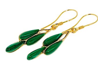 Boucles d'oreilles en or malachite naturelle,Boucles d'oreilles en malachite verte,Boucles d'oreilles en or avec malachite,Cadeau pour elle,Bijoux en malachite.