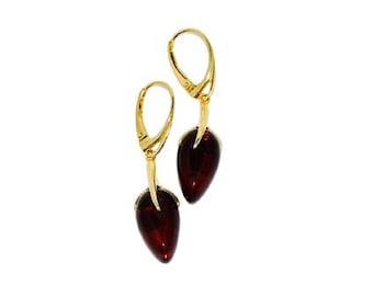 Cherry Amber Drop Earrings, Gold Sterling Silver, Baltic Amber Jewelry