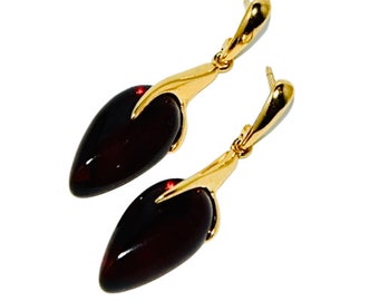 Natural amber drop earrings,Cherry amber earrings,Gold earrings with amber,Gift for her,Amber jewellery,Genuine Baltic amber.
